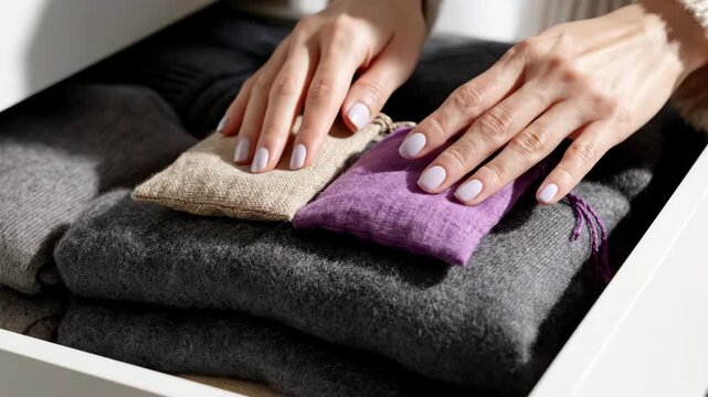 Woman placing lavender sachets on folded sweaters in a drawer. Wardrobe organization and clothing care for moth protection. Spring cleaning and home storage concept
