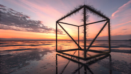 Floating geometric cube frame on reflective beach at golden sunset with dramatic sky and water