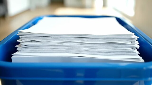 Close-up of a stack of papers in a blue storage bin. Organizing and decluttering documents for spring cleaning or recycling. Home office paperwork management concept