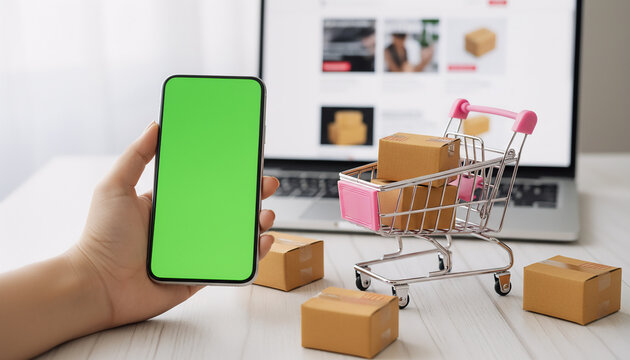 Hand holding smartphone with green screen display next to miniature shopping cart filled with cardboard package boxes on white desk. Laptop with online store in background. Concept of e-commerce, mobi