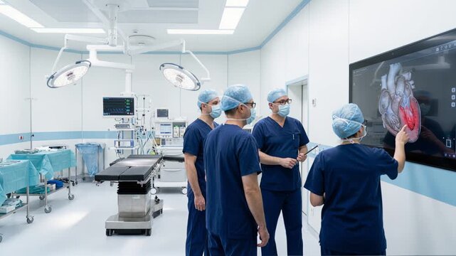 Operating room team analyzes threedimensional heart scan together