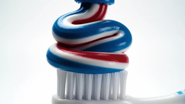 Tricolor red, white, and blue toothpaste is squeezed onto a white toothbrush. It shows a clean and fresh oral care routine. Useful for dental health advertisements and hygiene education.