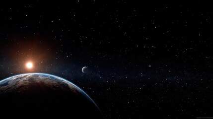Fototapeta premium Planetscape with sun and satellite, stars dotting dark space
