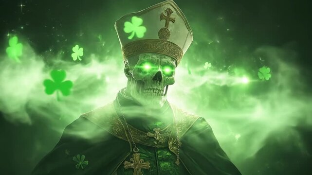 Eerie skeleton pope with glowing eyes in green aura and shamrocks. Saint Patrick's Day, St Paddy's Day, St Patty's Day - Irish National Holiday and Cultural Celebration