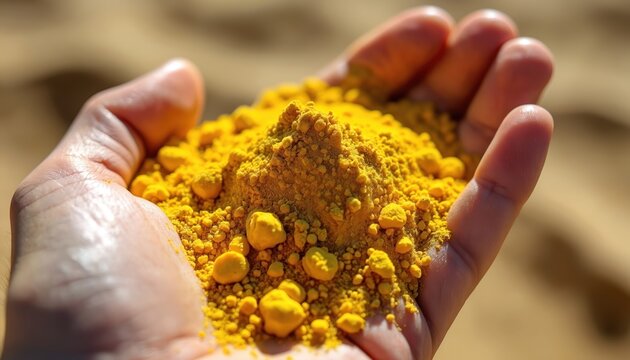 Hand holds bright yellow uranium powder substance. Material is granular with small lumps. Outdoor natural lighting creates strong contrast. This represents nuclear fuel source.