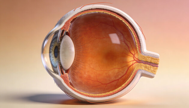 3D medical illustration of human eyeball cross section showing internal anatomy structure with retina lens cornea optic nerve and blood vessels detailed visualization