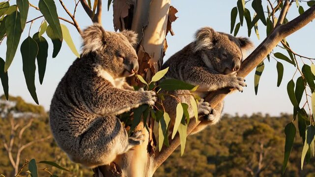 A koala couple sitting on a eucalyptus tree, looking adorable. Perfect for wildlife, animal, and conservation materials.