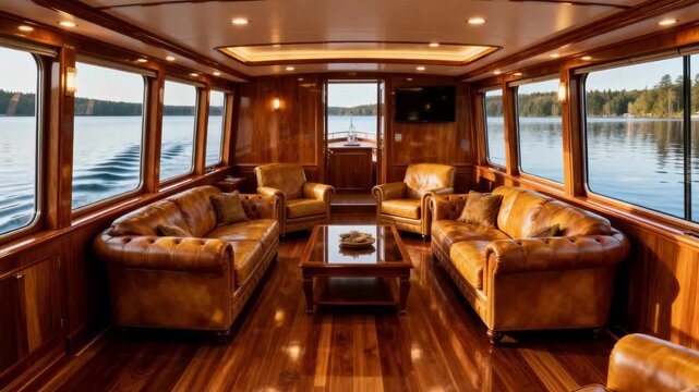 Highend teak wood paneling and rich leather seating create a sophisticated ambiance inside a luxury houseboat surrounded by serene water scenes.
