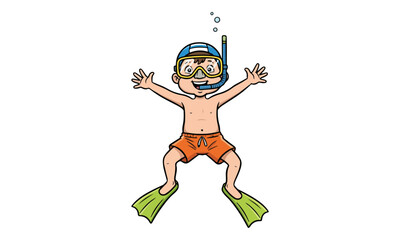 Snorkeling Boy Cartoon Swimmer with Mask, Snorkel, and Swim Fins © progoz