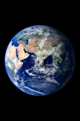 Earth from space view of Europe Africa and Asia on vertical black background. Elements of this image furnished by NASA.