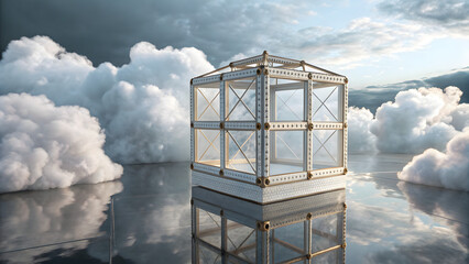 Floating golden cube frame structure reflecting on icy blue water with dramatic clouds in cold arctic landscape
