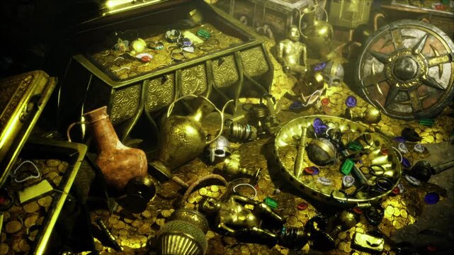 gold bars and scattered jewels fill dim vault floor, wide view of chest, goblets and ceremonial objects suggesting royal cache under museum cataloging