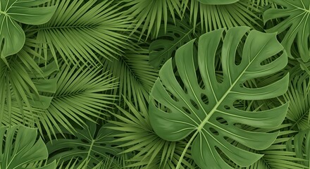 Naklejka premium Tropical palm leaves pattern background green monstera tree foliage decoration design plant with exotic leaf closeup