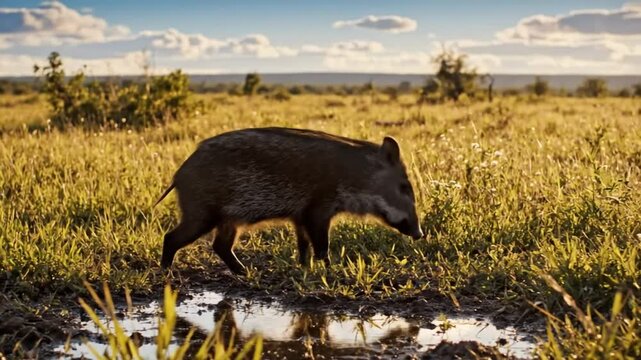 Wild Peccary Foraging in a Grassy Meadow with Shallow Puddle Reflecting Beautiful Sunset Sky