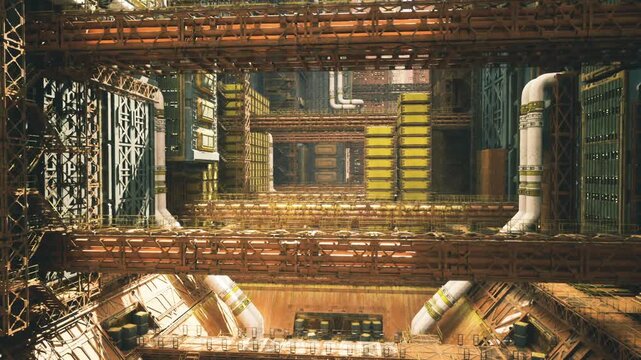 immersive industrial visualization bay with layered pipelines, data nodes, reflective scaffolds, ambient gold lighting and suggestion of edge computing