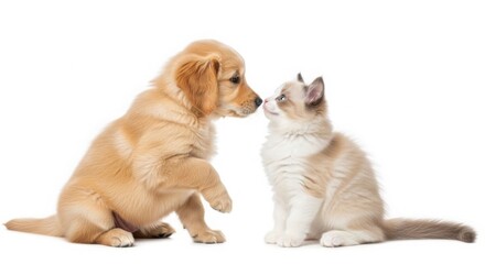 Obraz premium A golden retriever puppy gently touches noses with a fluffy ragdoll kitten, both sitting upright and facing each other on a clean white background. isolated PNG with Transparent Background