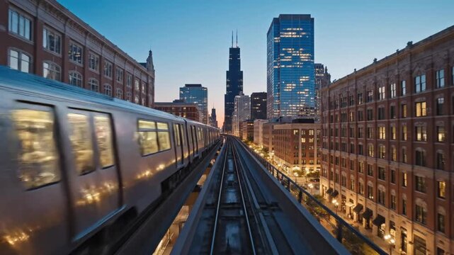 Elevated Train Journey Through Downtown Chicago at Dusk with Illuminated City Buildings and Skyscrapers in the Distance
