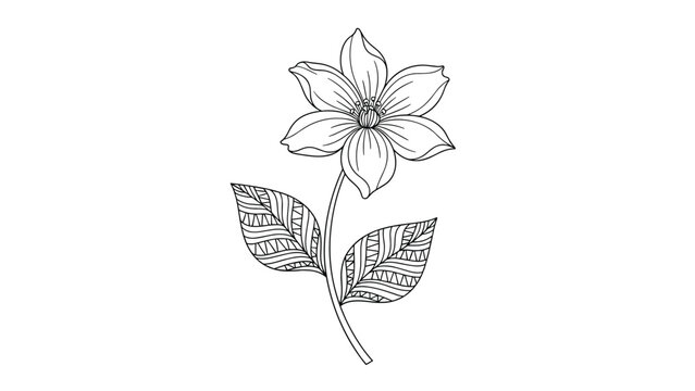 Beautiful black and white line art drawing of a single six-petaled flower on a stem with two leaves decorated with intricate geometric patterns.