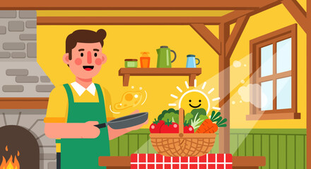 Obraz premium Man Cooking with Fresh Vegetables in a Sunny Kitchen.