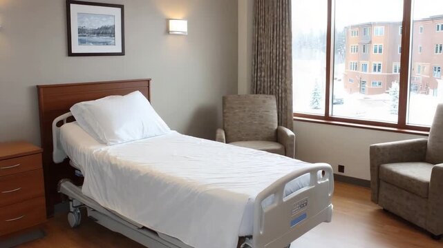 Hospital room setup with bed and seating area