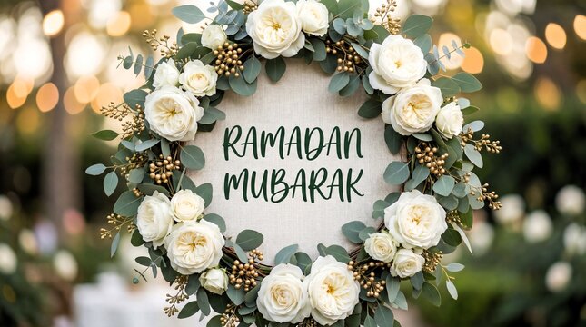 Ramadan Mubarak elegant floral wreath white roses eucalyptus gold Holy month blessed greeting