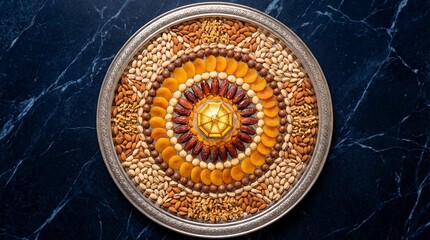 Ramadan Iftar Platter Delicious Dried Dates Apricots Nuts Golden Lantern for Healthy Festive Eid