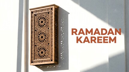 Ramadan Kareem wishes elegant Islamic wooden panel intricate geometric pattern natural light shadows