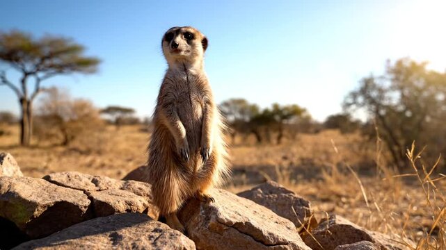 Alert Meerkat Stands Watchfully on Rocks in the African Savanna Under a Bright Blue Sky