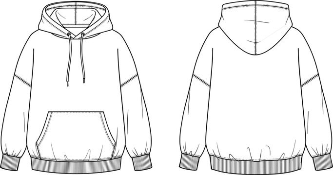 Modern Oversized Hoodie Technical Line Drawing Front and Back View, Blank Streetwear Sweatshirt Vector Template for Fashion Design Mockup