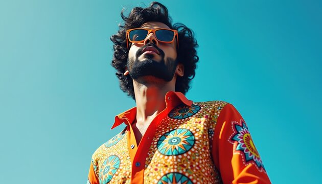 Man with curly hair wears bright patterned shirt and sunglasses. He looks up against clear blue sky. This is a vibrant retro fashion portrait.