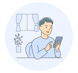 自宅でスマホを操作して医療サービスを受けようとする若い男性