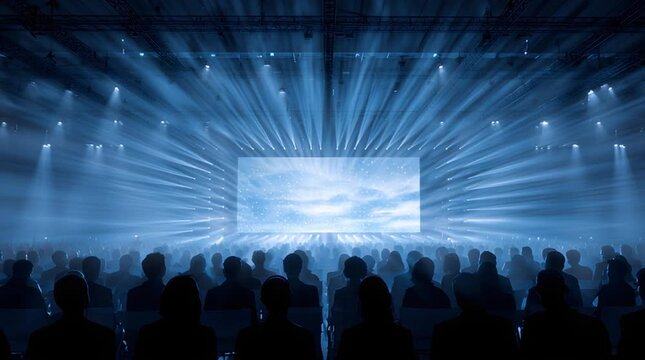 Large audience watching illuminated stage with dramatic blue light beams and lighting as bright screen auditorium creating cinematic atmospheric