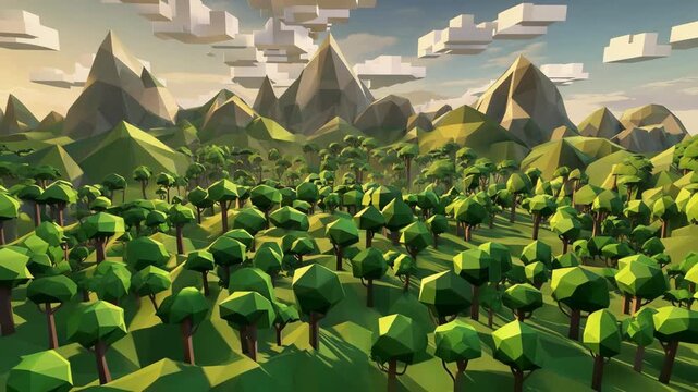 Low poly forest landscape with geometric trees and mountains animation background showing an environment of lush greenery under a cloudy sky