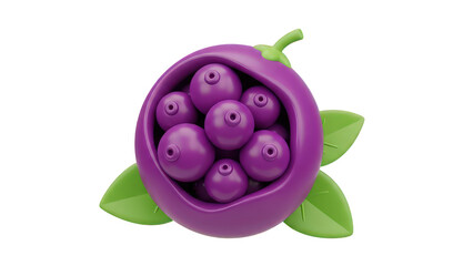Stylized 3d illustration of a purple fruit or berry cluster with green leaves and a stem isolated on a transparent background with a smooth glossy finish representing healthy organic food and nature