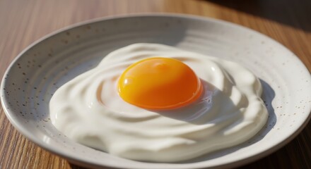 Plate with round sunny side up egg yolk surrounded by a wave-like white. Delicious and healthy breakfast food for a morning meal.