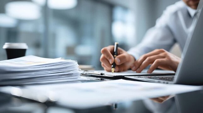 Office paperwork desk with person writing documents laptop and pen, worker reviewing and signing stack of paperwork with focused professional