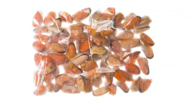 Packing and Freezing Peeled Mussels. Cleaned mussels are packed in a vacuum apparatus and subjected to rapid cooling with an ice jet, creating the effect of white steam on a white background