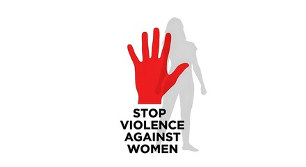 Fototapeta premium Minimalist campaign poster featuring a red hand silhouette and a subtle shadow of a woman standing strong, clean white background, bold modern typography saying “Stop Violence Against Women”