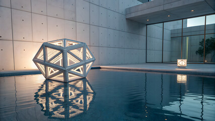 Floating geometric wireframe cube sculpture reflection in modern indoor pool minimalist abstract design
