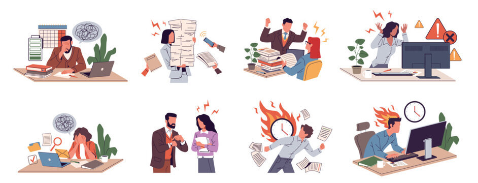 Stressed office staff. Employees at work, tired, burnt out people, deadline and conflict situation, documents confusion, paperwork piles, management pressure nowaday vector cartoon flat set