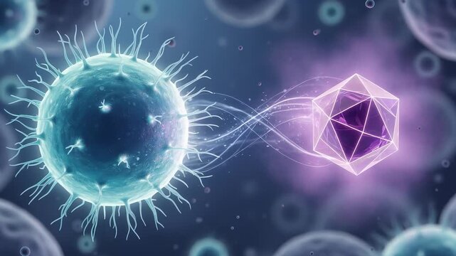 Digital detailed view illustrating phage approaching bacterial surface membrane
