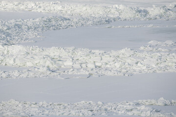 Scenic winter landscape of the frozen Baltic Sea featuring white ice hummocks, crushed ice blocks, and snowy plains under daylight. © Dmitri