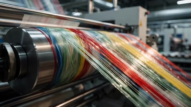Colored mix plastic feedstock extruded into vibrant sheer yarn fibers emphasizing color variation and creative recycling in sustainable fabric creation within an industrial