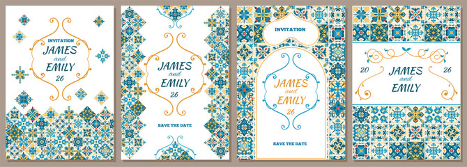 Mediterranean tiles wedding cards. Ceramic majolica style invitations design, portuguese or spanish azulejo ornaments, vertical posters, flyer or cover splendid vector flat style isolated set © YummyBuum