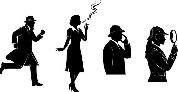 Detective silhouette vector set with man running, woman smoking, person using phone, female investigator with magnifying glass, mystery crime illustration design