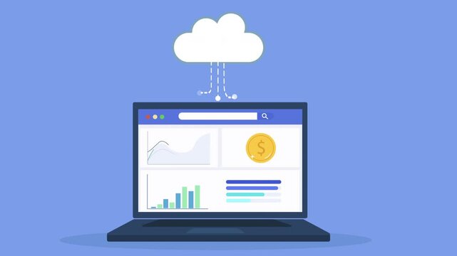 Flat vector animation of laptop displaying finance dashboard connected to cloud system, representing financial analytics, business reporting, and digital data visualization.
