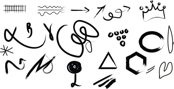 Collection of Hand Drawn Black Brush Stroke Shapes Arrows Crown and Heart on White Background symbol