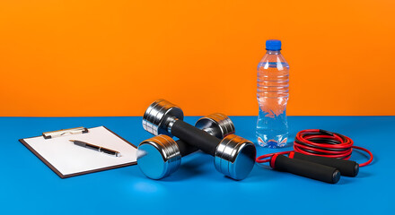 Fototapeta premium Fitness equipment set with dumbbells water bottle jumping rope and clipboard on blue and orange background - generated-AI.