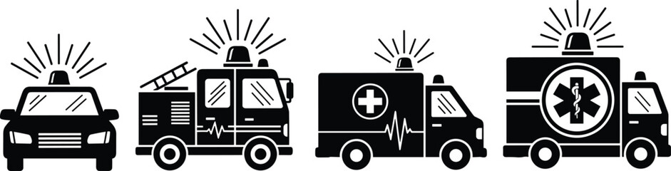 Emergency vehicle silhouette set, police car, fire truck, ambulance with medical cross, star of life, public safety icon illustration © Sandra Weiss