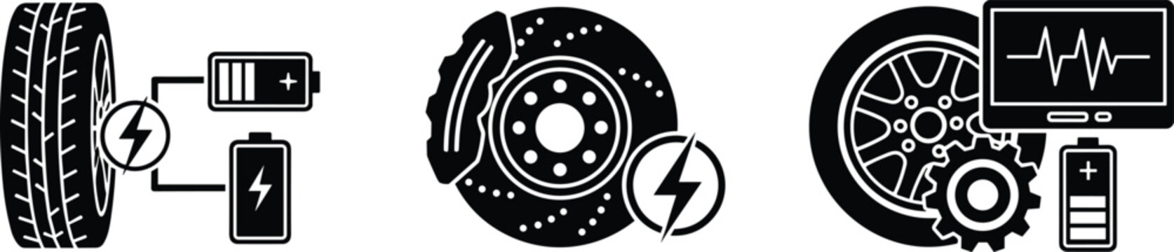 Electric vehicle diagnostics icon set, smart automotive technology, regenerative braking system, battery energy transfer, futuristic car wheel diagnostics illustration